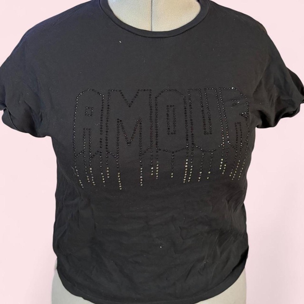 NAF NAF Paris Black Rhinestone AMOUR Graphic Tee Y2K Parisian Women Medium